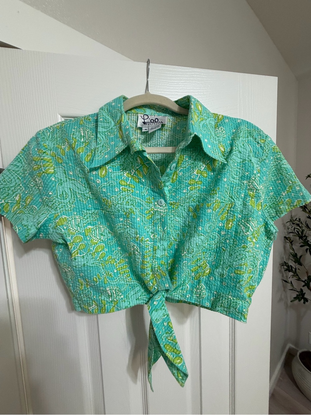 LILLY PULITZER Turquoise Tie-Front Short Sleeve Top